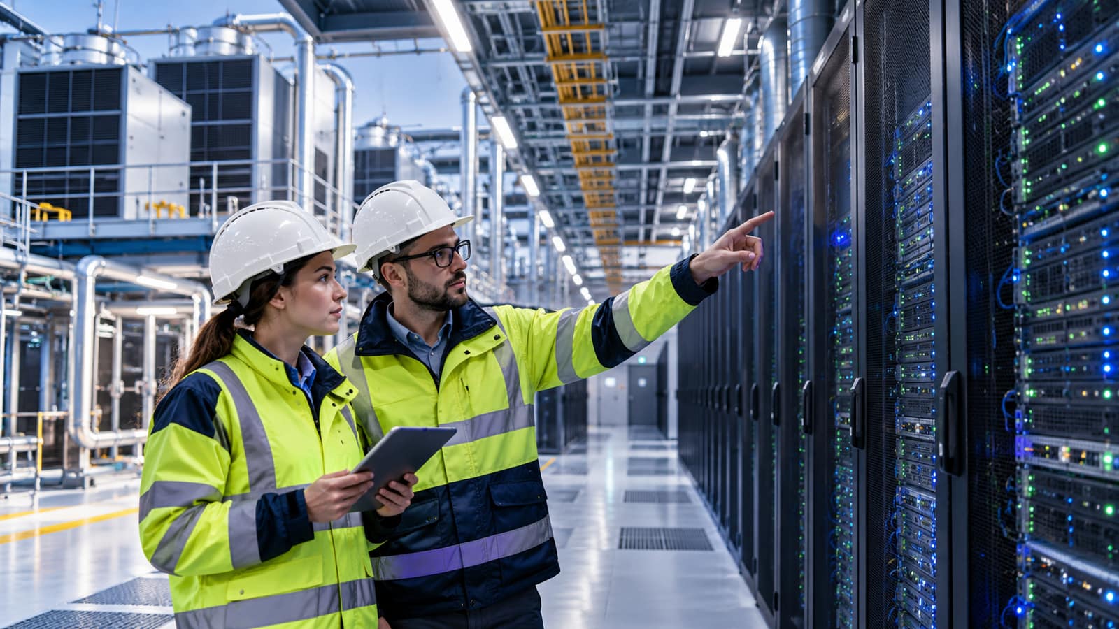 Data Center Engineers Inspect Server Racks