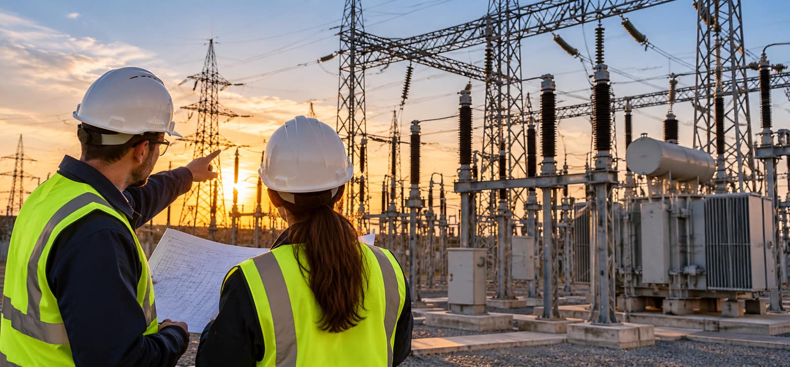 Engineers inspecting electrical substation energy