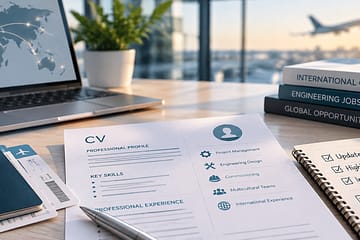 CV et documents liés à une carrière internationale d’ingénieur dans un espace de travail professionnel